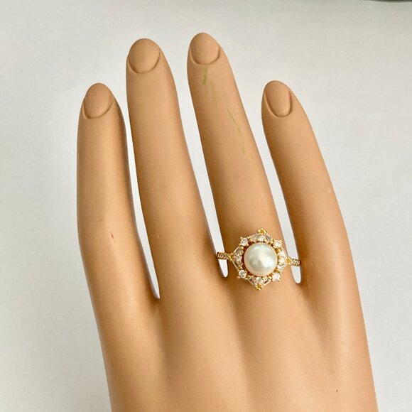 Art Deco Cubic Zirconia White Pearl Cocktail Ring Yellow Gold Plated Size 7 8 9 - Picture 11 of 15